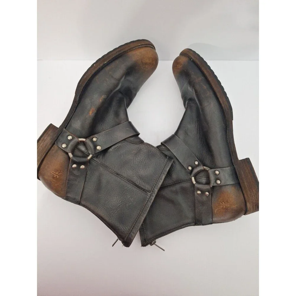 Vtg Frye Antiqued Black Leather Motorcycle Harness Boot Ankle Zip Up Mens 13 D